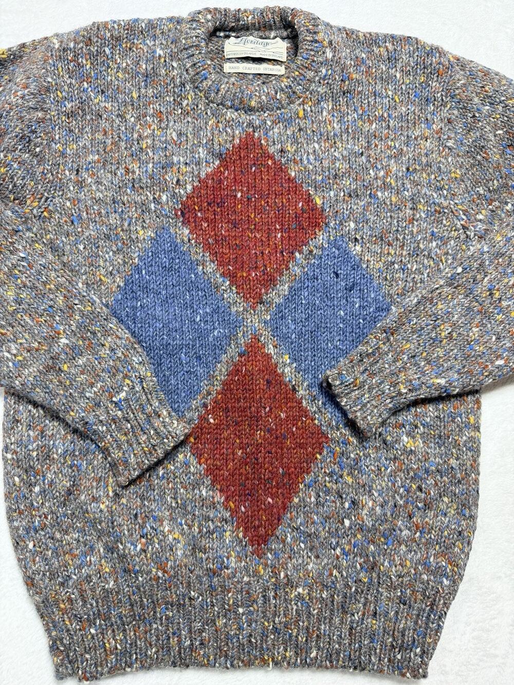 Heritage Ireland Hand Crafted Intarsia Argyle Wool Sweater Flecked Size M